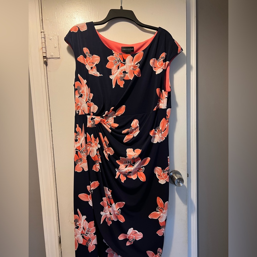 connected apparel Navy Floral Sheath Dress with Coral Flowers